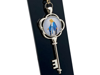 Our Lady of Grace unique rosary beads domed picture medal purse clip key chain with a rose patterned key frame.