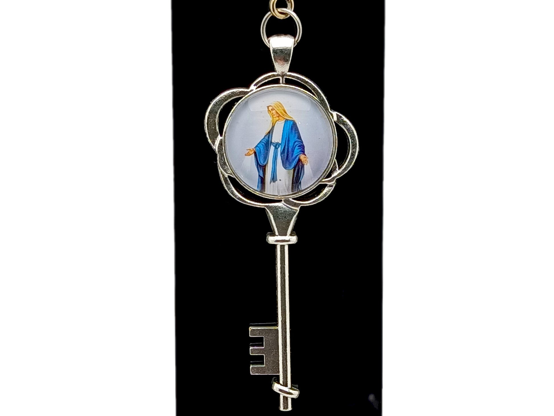 Our Lady of Grace unique rosary beads domed picture medal purse clip key chain with a rose patterned key frame.