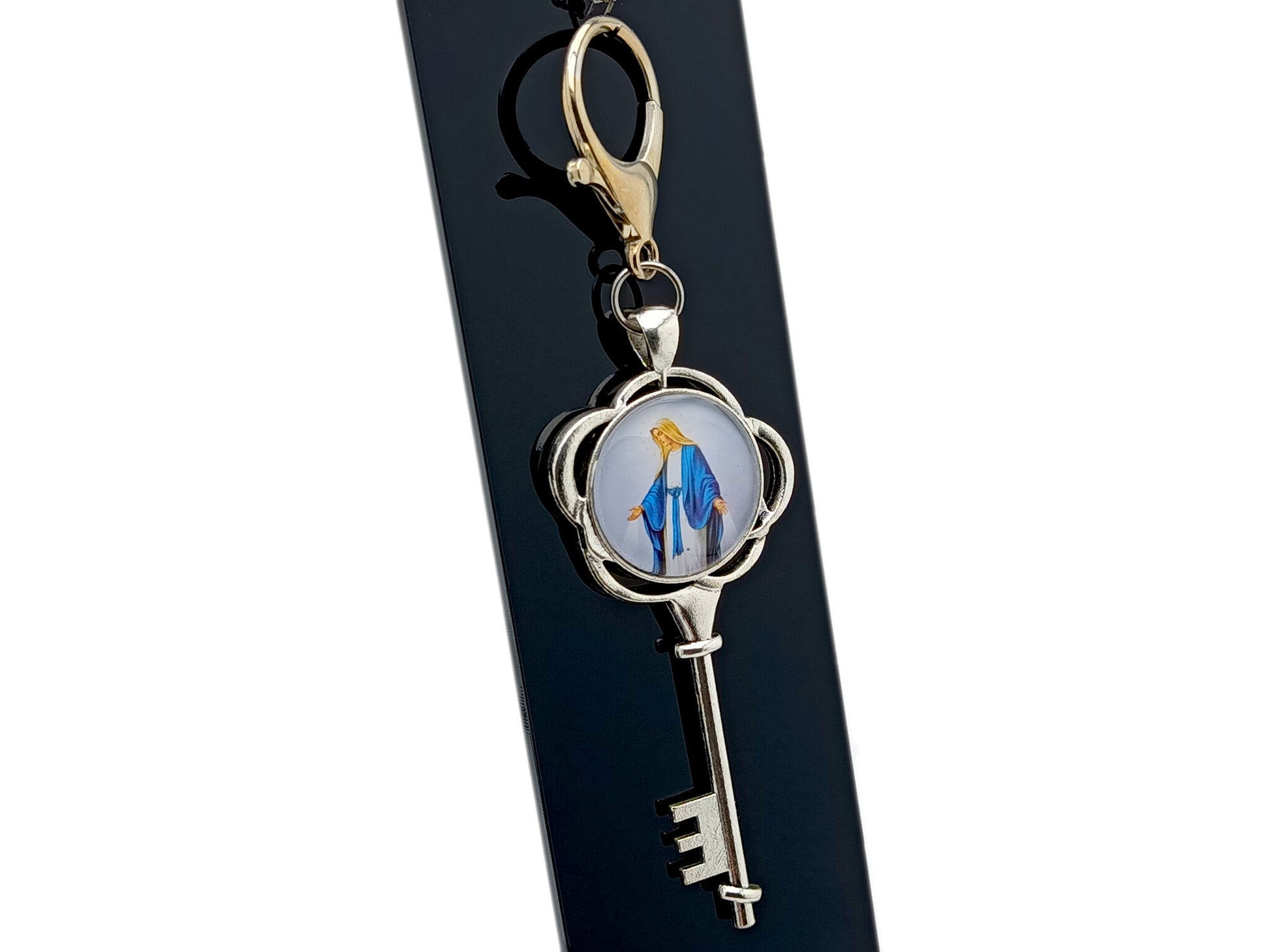 Our Lady of Grace domed picture medal purse clip key chain with a rose –  Unique Rosary Beads