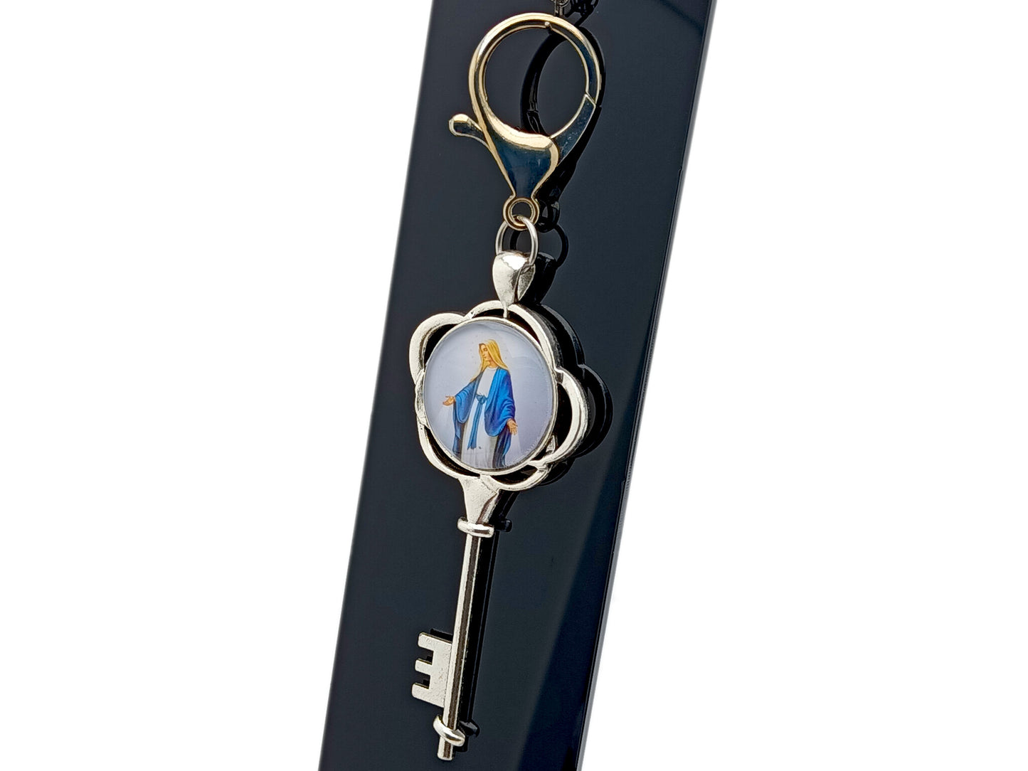 Our Lady of Grace unique rosary beads domed picture medal purse clip key chain with a rose patterned key frame.