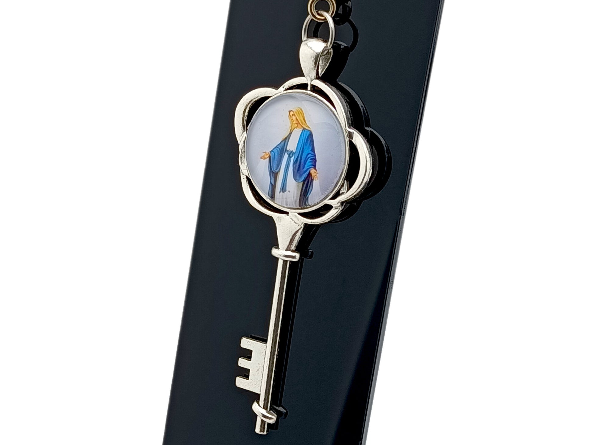 Our Lady of Grace domed picture medal purse clip key chain with a rose –  Unique Rosary Beads