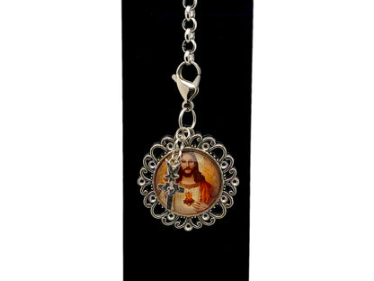 Sacred Heart of Jesus unique rosary beads domed picture medal purse clip key chain.