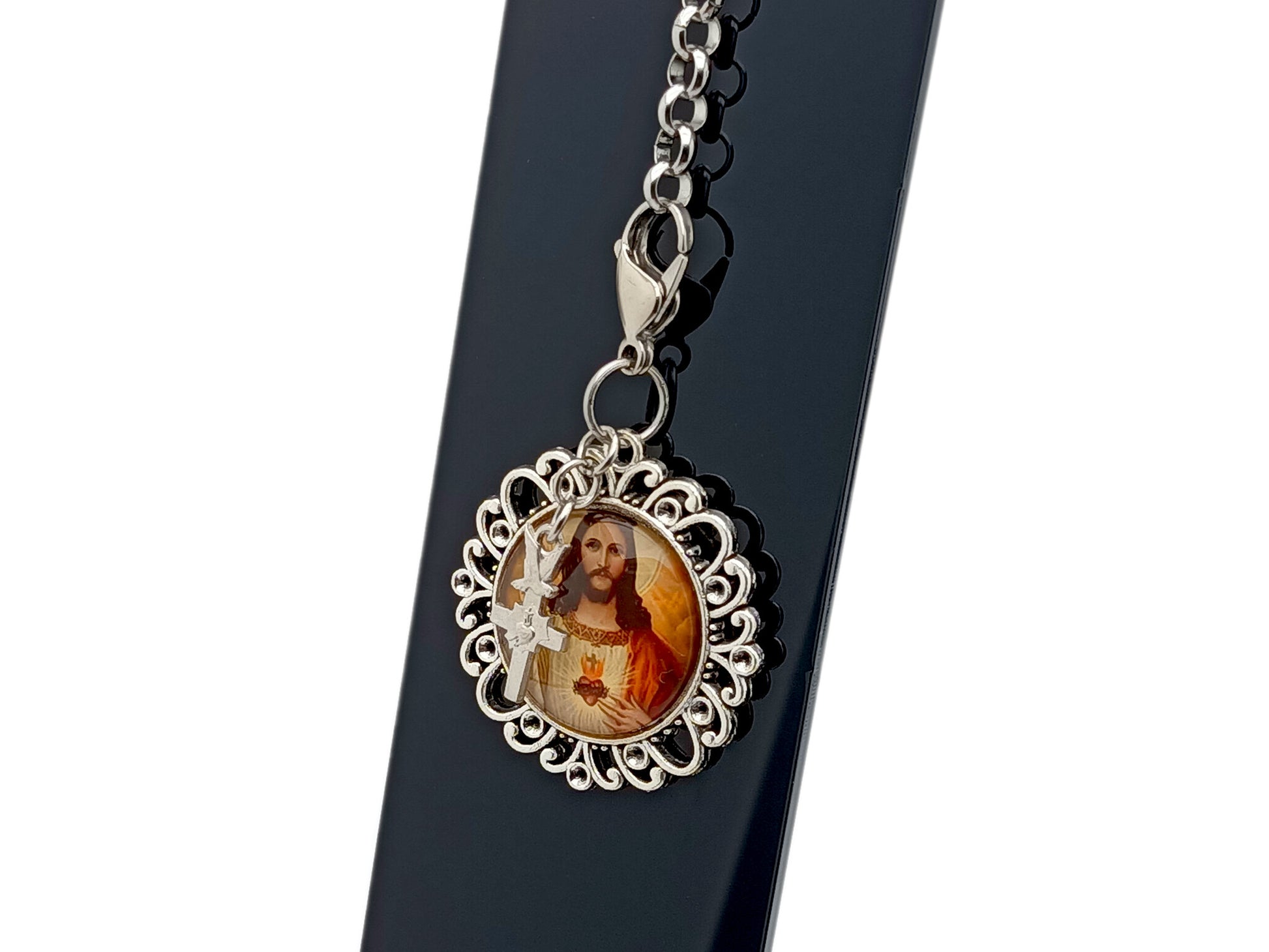 Sacred Heart of Jesus unique rosary beads domed picture medal purse clip key chain.