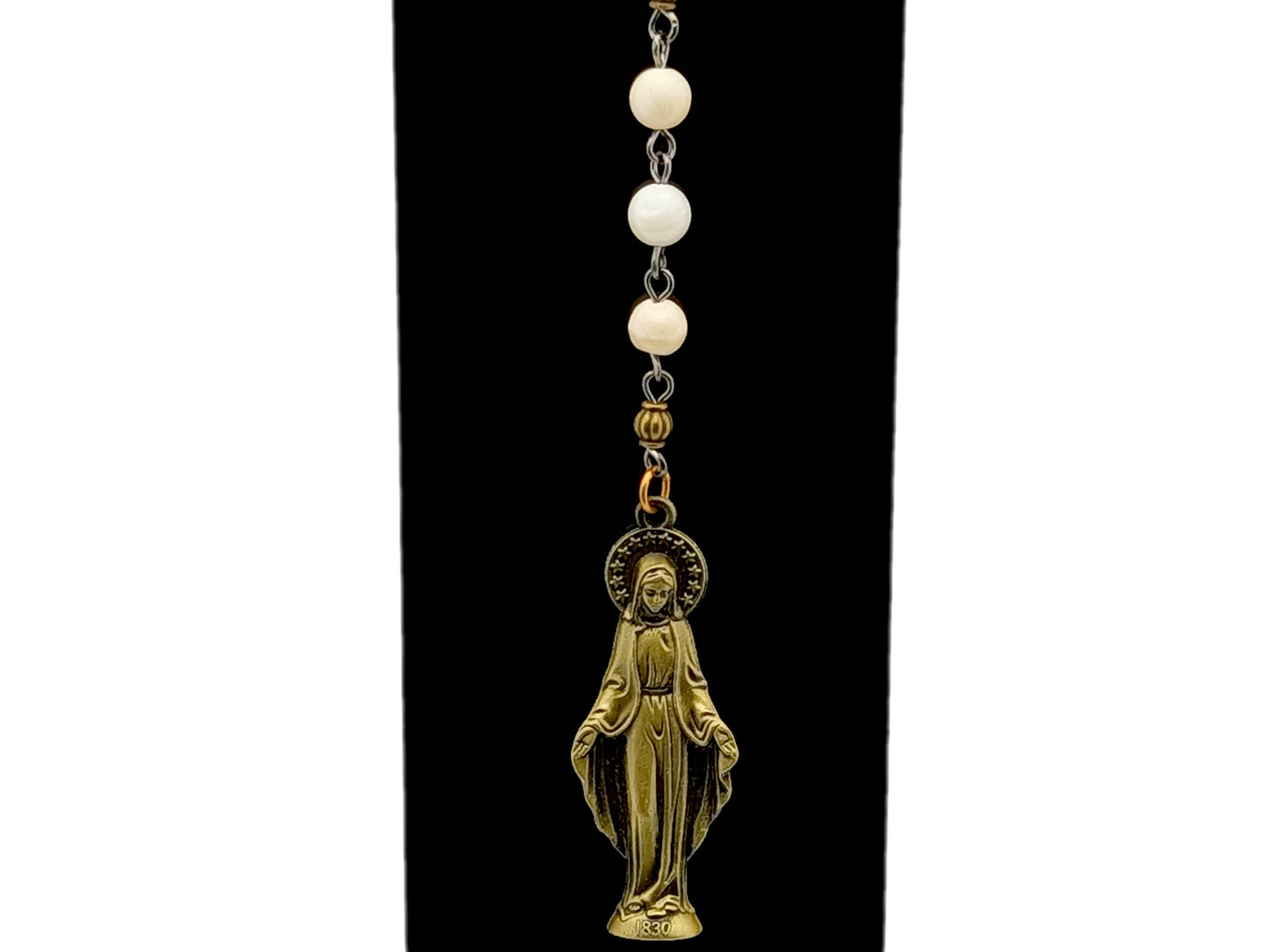 Our Lady of Grace unique rosary beads vintage brass purse clip key chain with mother of pearl Three Hail Mary beads and cross.