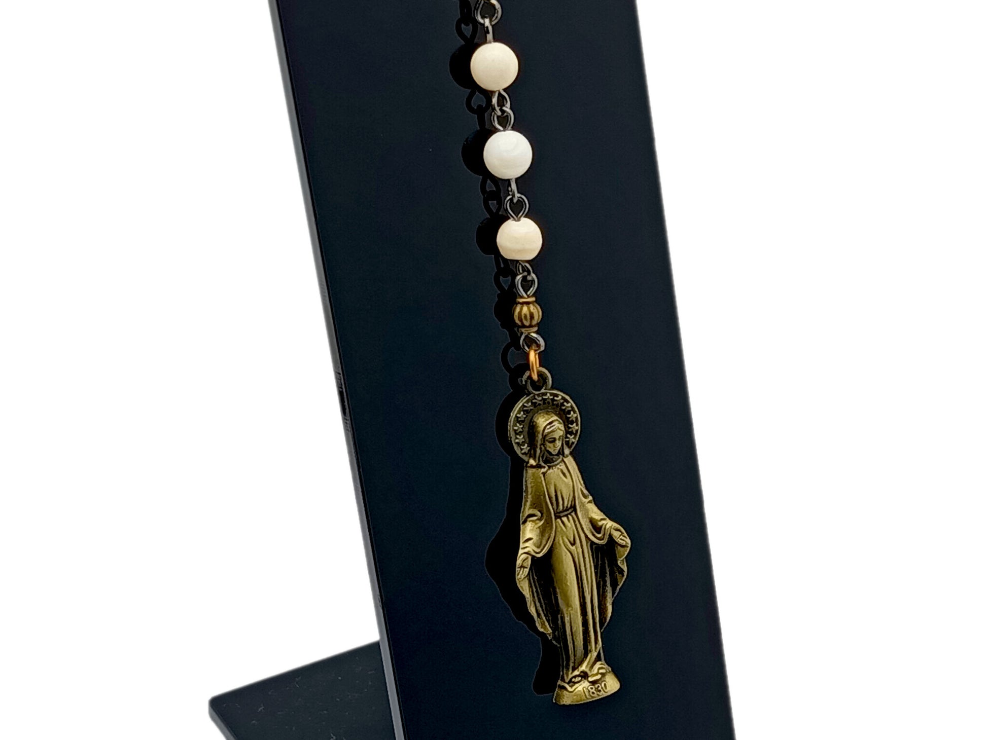 Our Lady of Grace unique rosary beads vintage brass purse clip key chain with mother of pearl Three Hail Mary beads and cross.