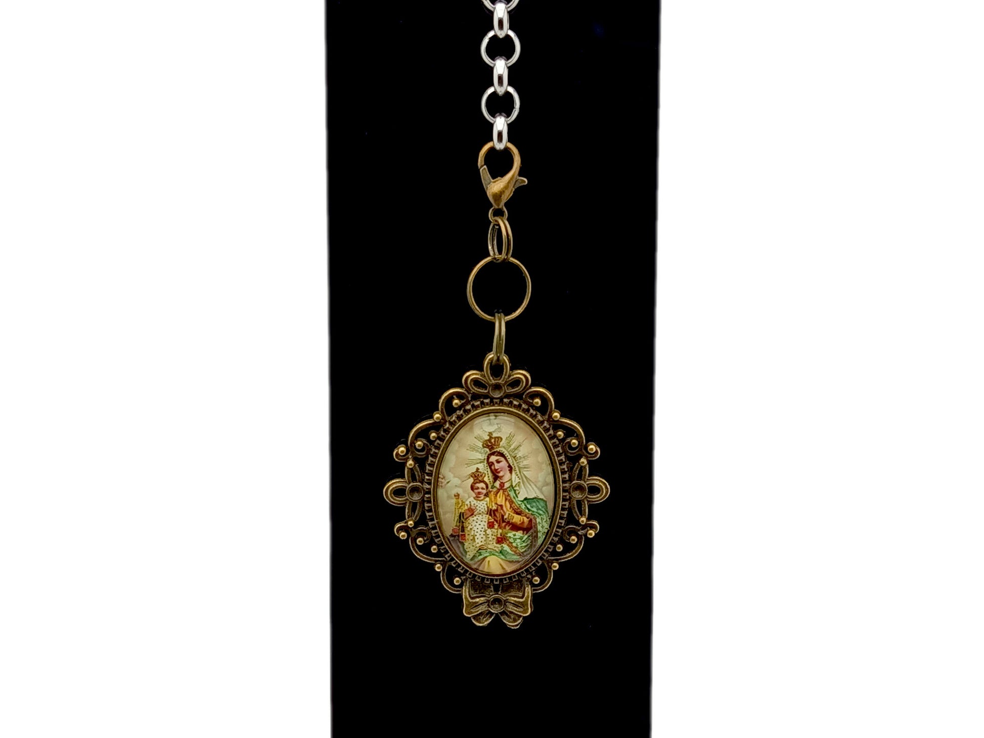 Our Lady of Mount Carmel unique rosary beads purse clip key chain with antique style domed picture medal.