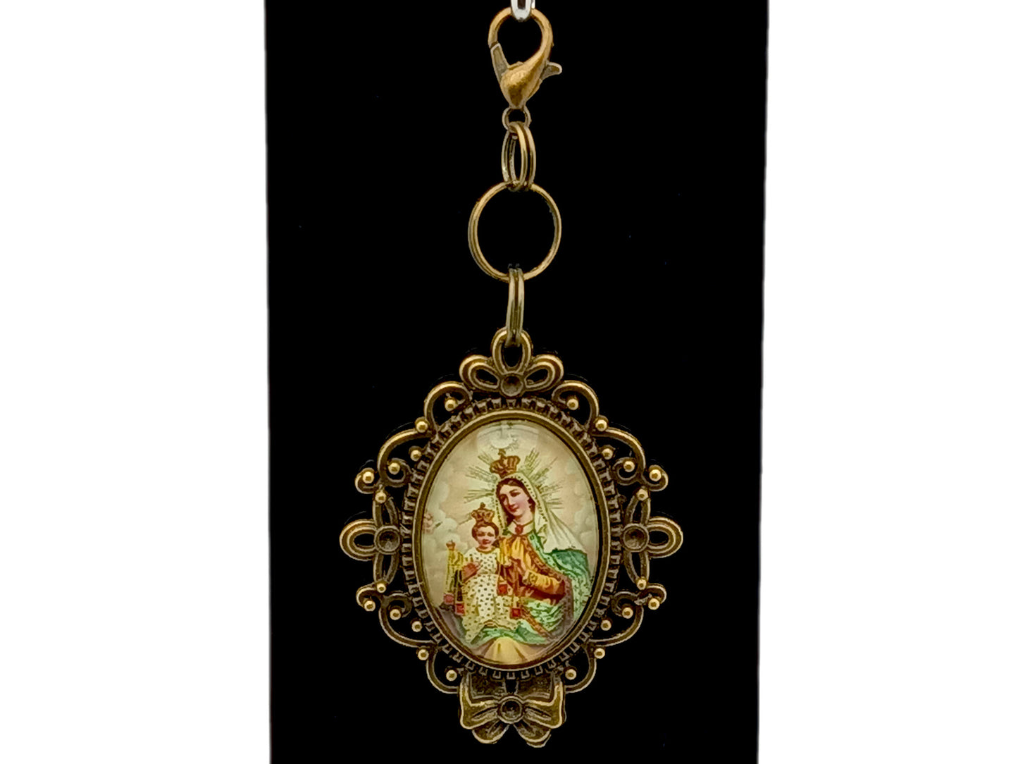 Our Lady of Mount Carmel unique rosary beads purse clip key chain with antique style domed picture medal.