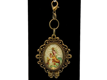 Our Lady of Mount Carmel unique rosary beads purse clip key chain with antique style domed picture medal.