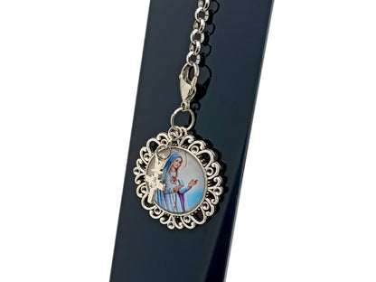 Immaculate Heart of Mary unique rosary beads domed picture medal purse clip key chain with Holy Spirit and Sacred Heart cross.