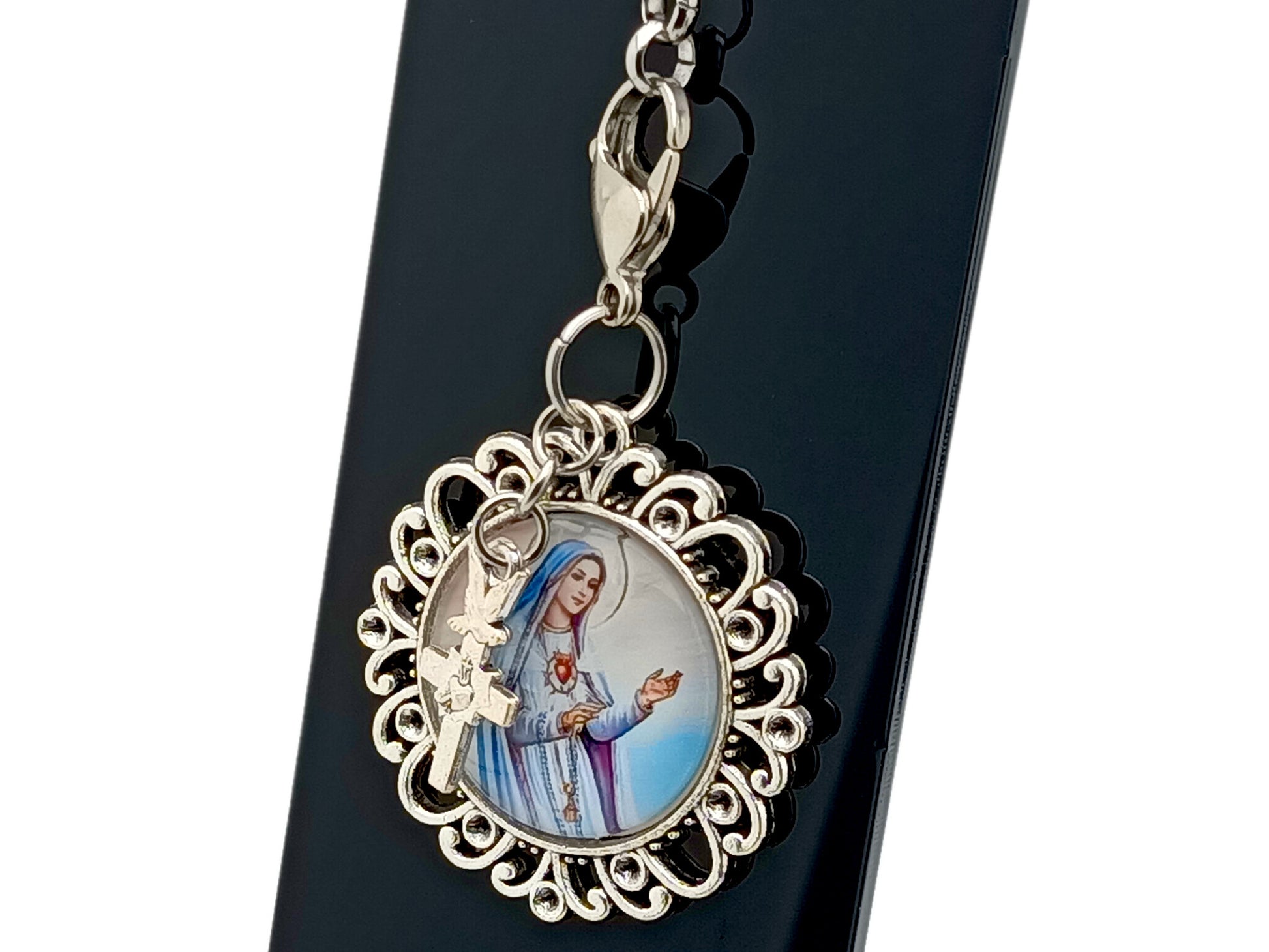 Immaculate Heart of Mary unique rosary beads domed picture medal purse clip key chain with Holy Spirit and Sacred Heart cross.