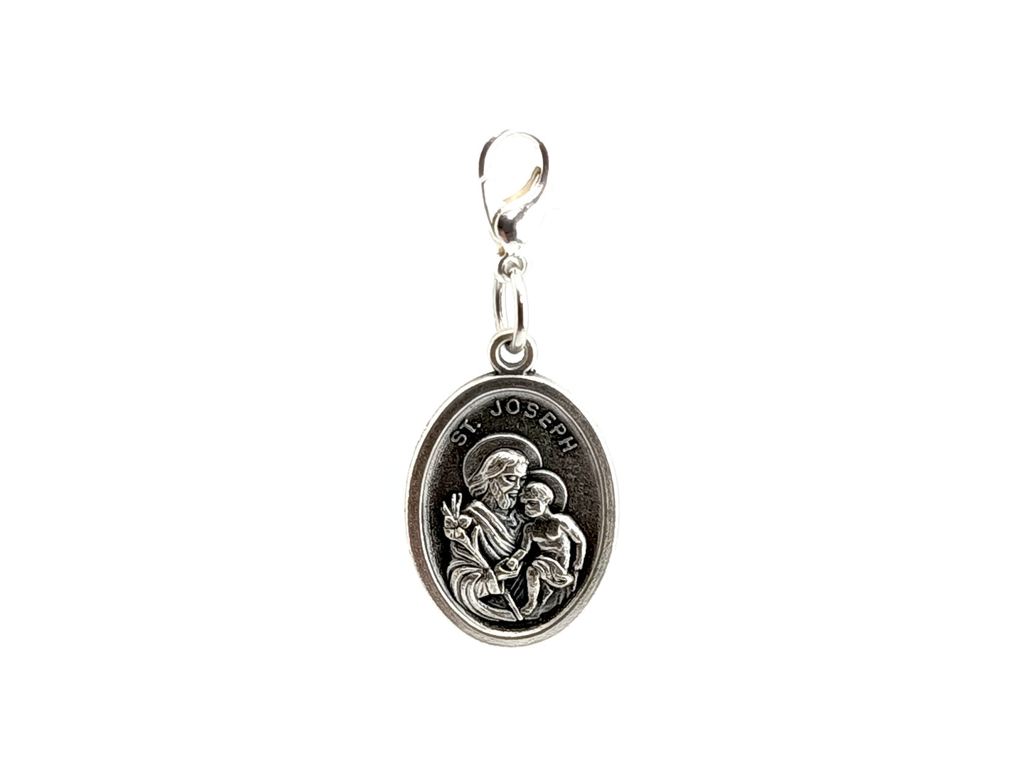 Saint Joseph unique rosary beads devotional alloy relic touch medal with silver plated lobster clasp.