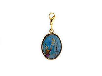Our Lady of Lourdes and Saint Bernadette unique rosary beads devotional alloy medal with gold plated lobster clasp.