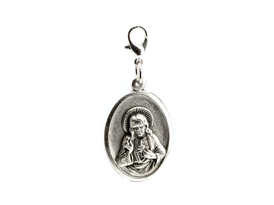 Sacred Heart and Our Lady of Mount Carmel unique rosary beads devotional alloy medal with silver plated lobster clasp.