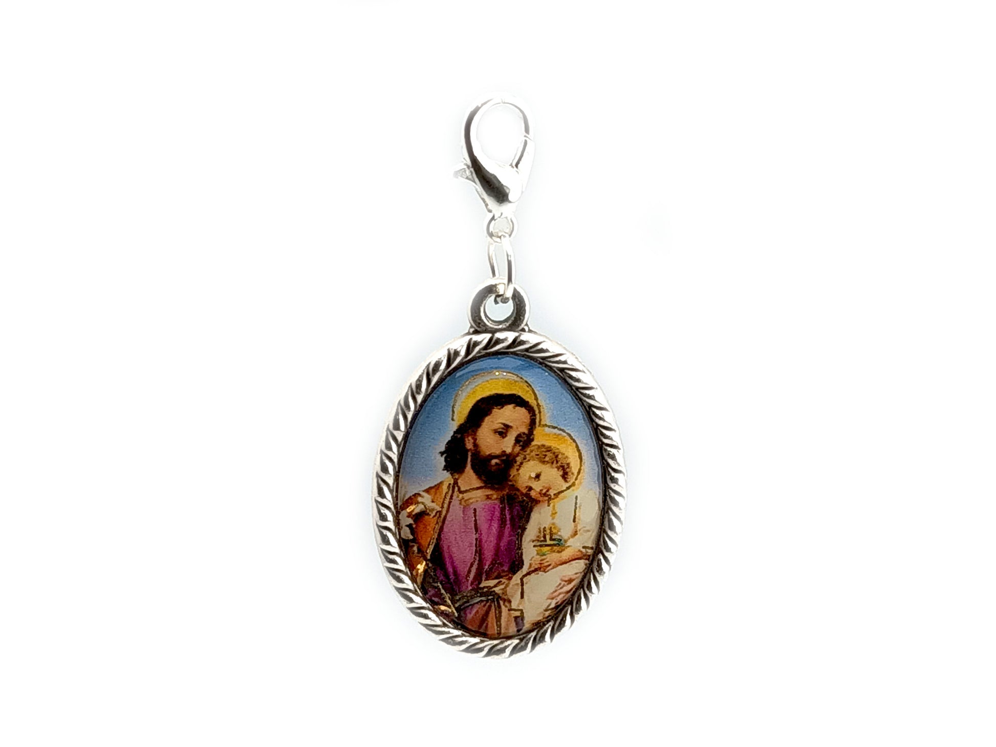Saint Joseph unique rosary beads devotional alloy picture medal with silver plated lobster clasp.