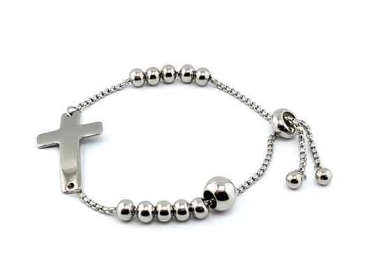 Stainless steel unique rosary beads single decade rosary bracelet with stainless steel beads, linking cross. and adjustable toggle.
