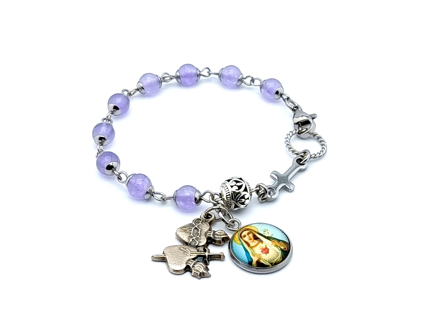 Immaculate Heart of Mary unique rosary beads stainless steel single decade rosary bead bracelet with amethyst gemstone and silver beads and two hearts silver medal.