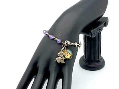 Immaculate Heart of Mary unique rosary beads stainless steel single decade rosary bead bracelet with amethyst gemstone and silver beads and two hearts silver medal.