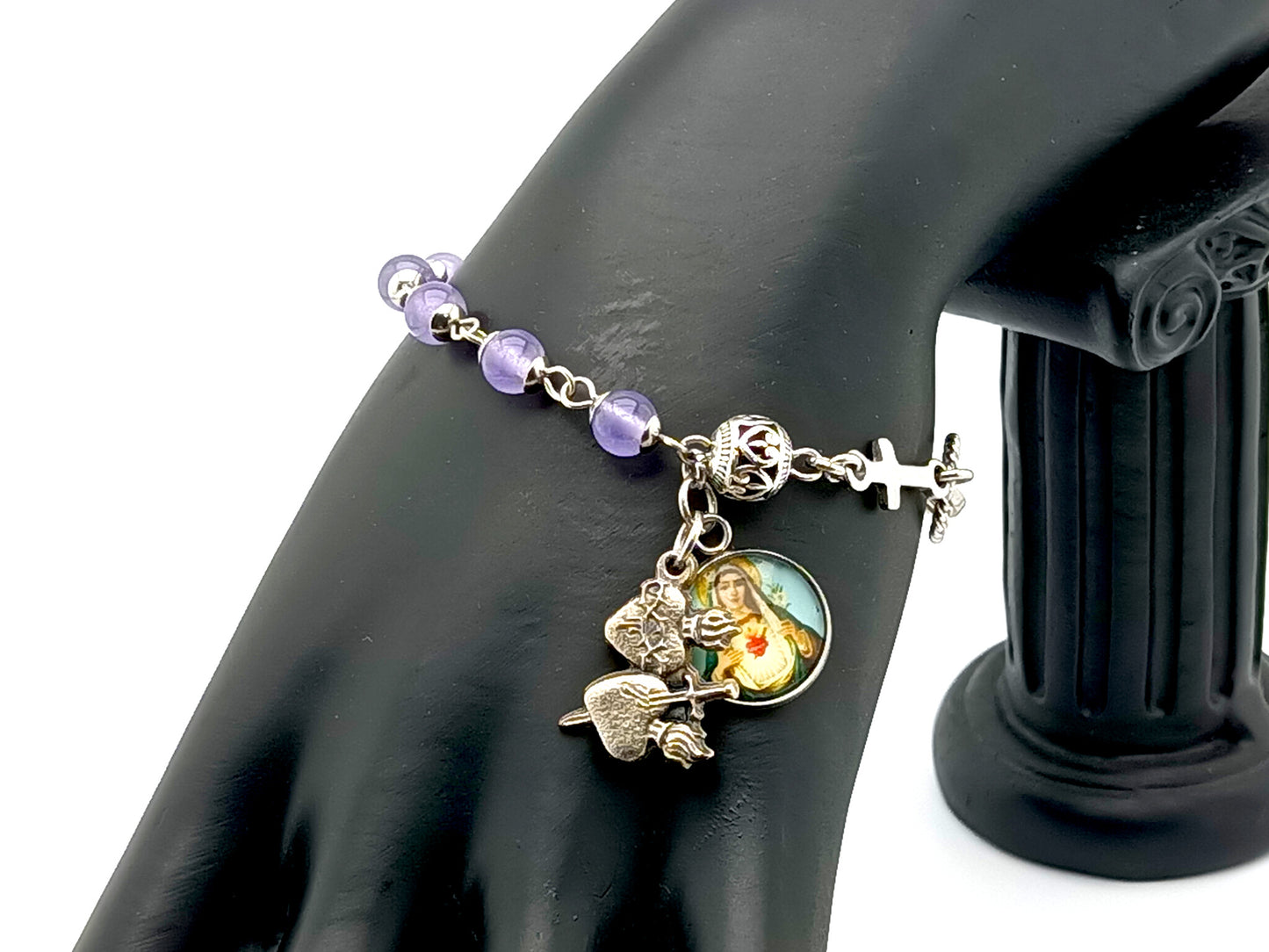 Immaculate Heart of Mary unique rosary beads stainless steel single decade rosary bead bracelet with amethyst gemstone and silver beads and two hearts silver medal.