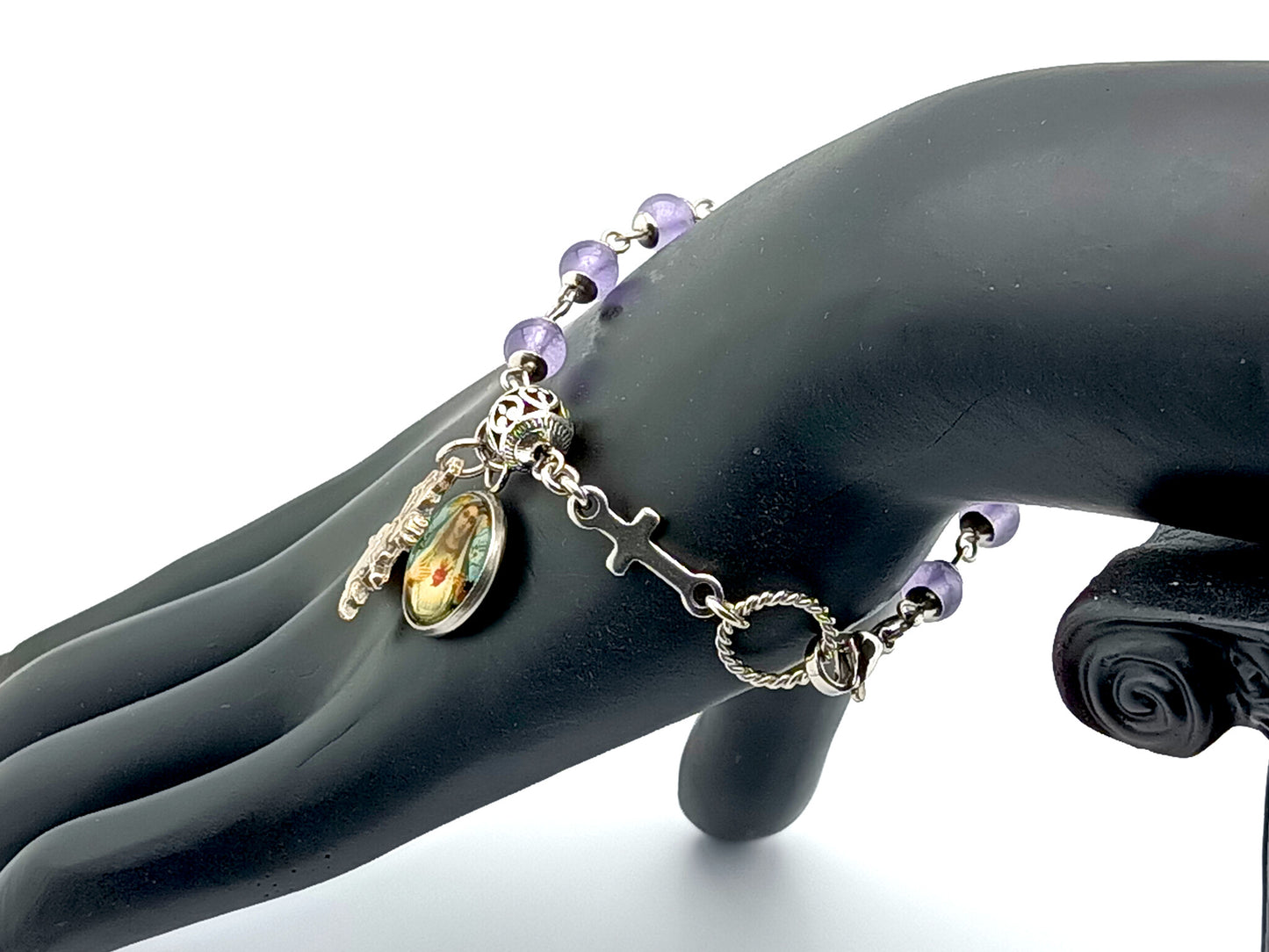 Immaculate Heart of Mary unique rosary beads stainless steel single decade rosary bead bracelet with amethyst gemstone and silver beads and two hearts silver medal.