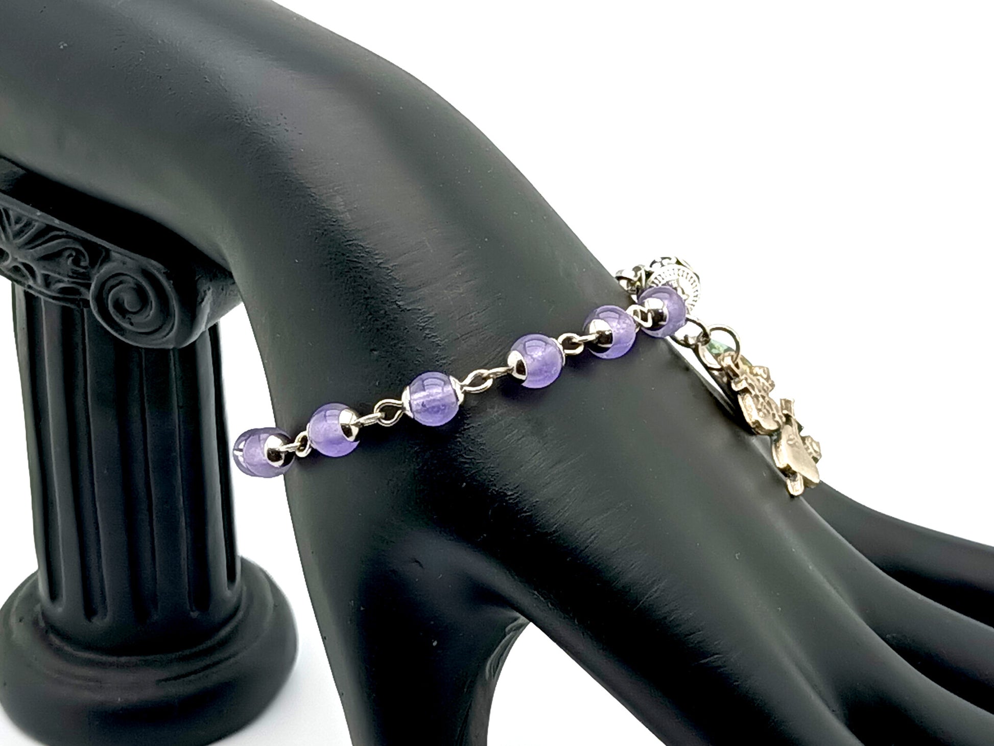 Immaculate Heart of Mary unique rosary beads stainless steel single decade rosary bead bracelet with amethyst gemstone and silver beads and two hearts silver medal.