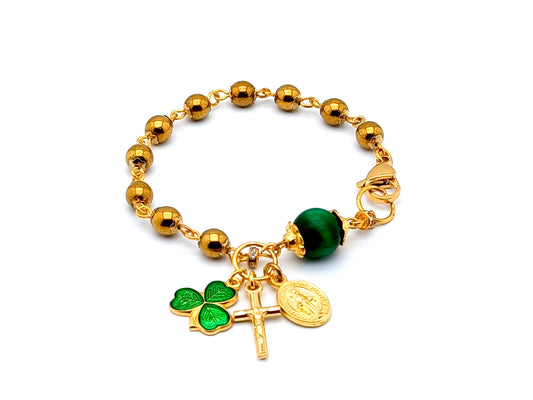 Gold plated stainless steel unique rosary beads single decade bracelet with tigers eye gemstone beads and enamel trinity clover leaf and Miraculous medal.