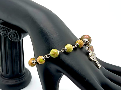 Sacred Heart unique rosary beads jasper gemstone single decade rosary bracelet with Celtic cross.