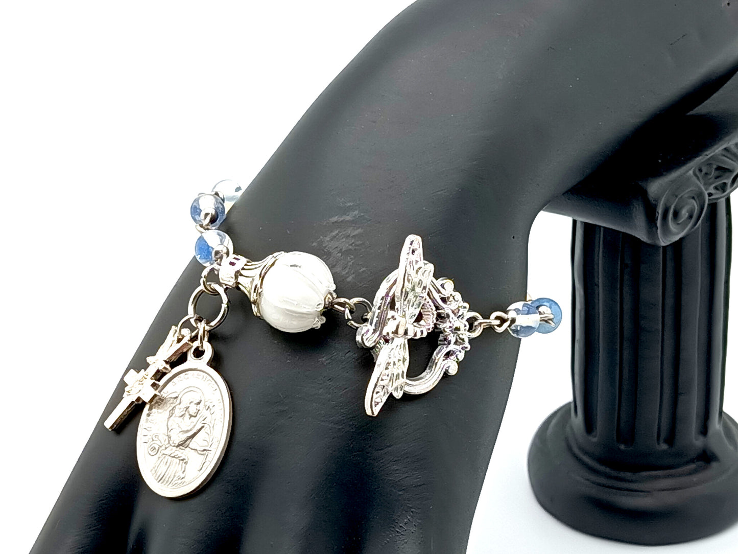 Saint Gabriel Archangel unique rosary beads single decade rosary bracelet with opal gemstone beads and dragonfly clasp and Holy Spirit cross.