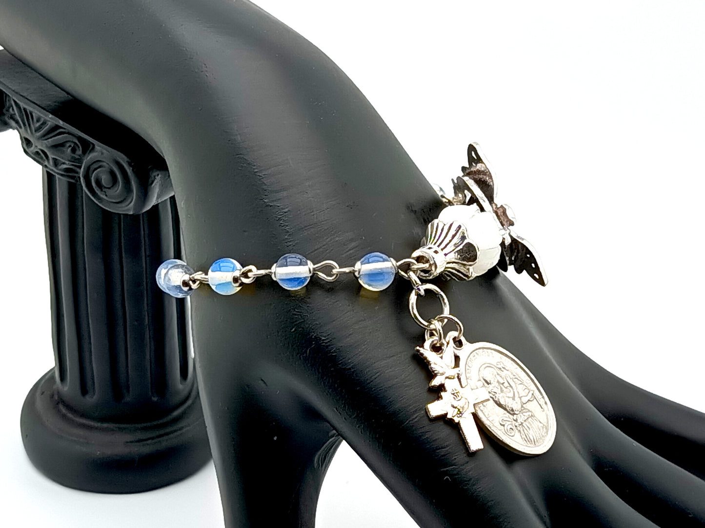 Saint Gabriel Archangel unique rosary beads single decade rosary bracelet with opal gemstone beads and dragonfly clasp and Holy Spirit cross.