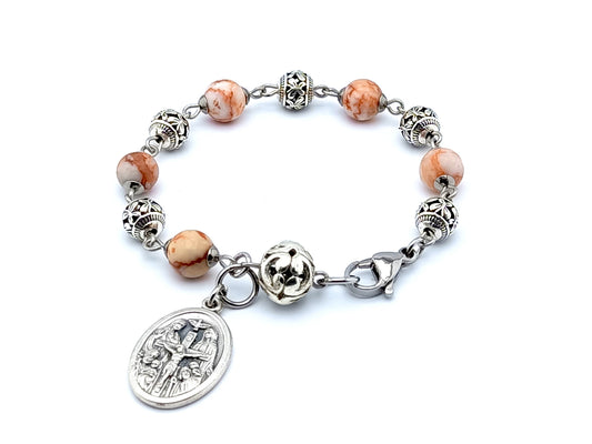 Holy Trinity unique rosary beads single decade rosary bracelet with gemstone and Tibetan silver beads and I am a catholic call a priest medal.