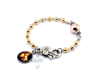 Our Lady of Divine providence unique rosary beads single decade rosary bracelet with gold plated 925 sterling silver and rose gold beads and sterling silver cross.