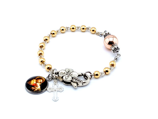 Our Lady of Divine providence unique rosary beads single decade rosary bracelet with gold plated 925 sterling silver and rose gold beads and sterling silver cross.