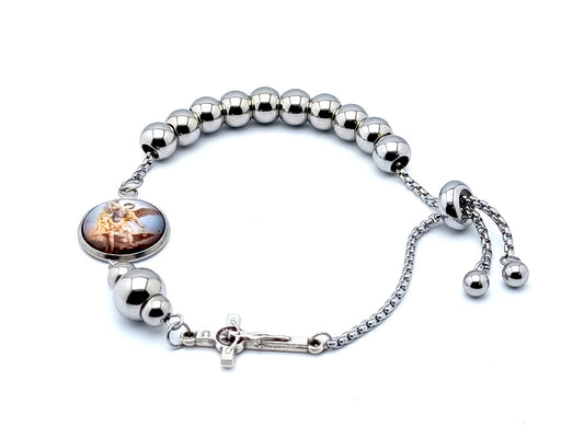 Saint Michael unique rosary beads single decade stainless steel adjustable rosary bracelet with Saint Benedict linking crucifix.