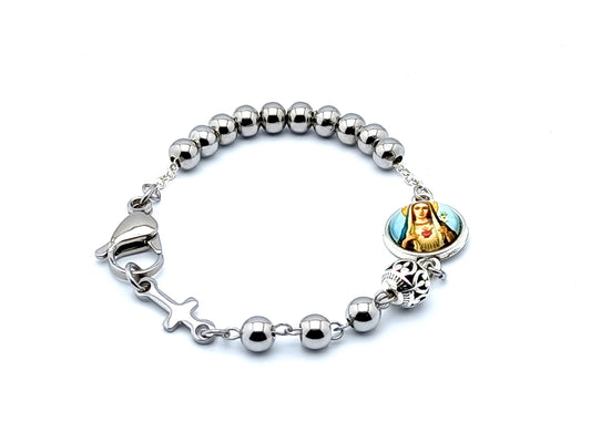 Immaculate Heart of Mary unique rosary beads single decade rosary bracelet with hypo allergenic stainless steel beads and stainless steel linking cross bead.