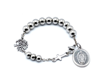 Our Lady of Guadalupe relic unique rosary beads single decade rosary bracelet with stainless steel beads, 925 sterling silver chain and tree of life linking medal.