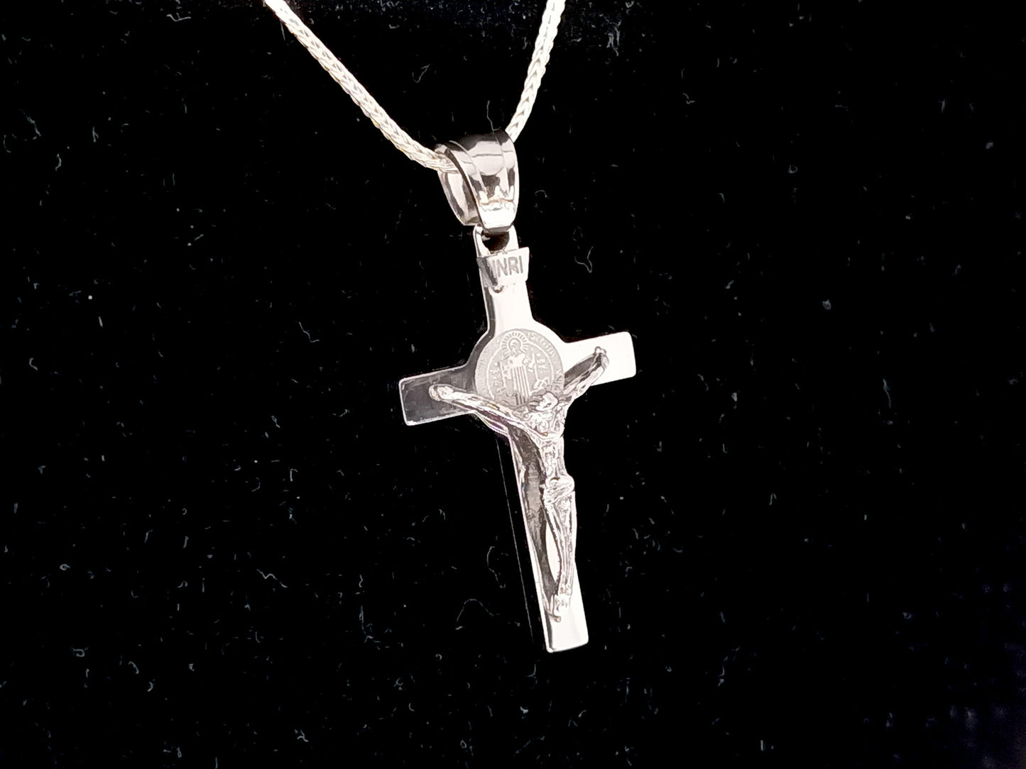 Saint Benedict unique rosary beads stainless steel crucifix with 925 sterling silver belcher chain.