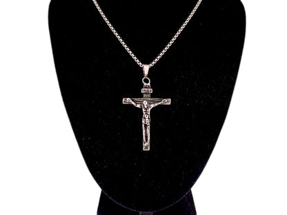 Unique rosary beads stainless steel crucifix with 19" stainless steel chain.