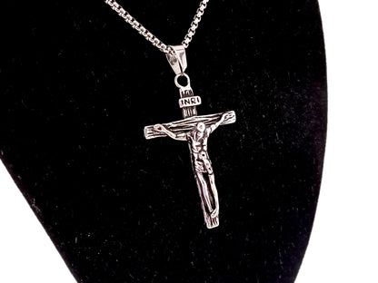 Unique rosary beads stainless steel crucifix with 19" stainless steel chain.