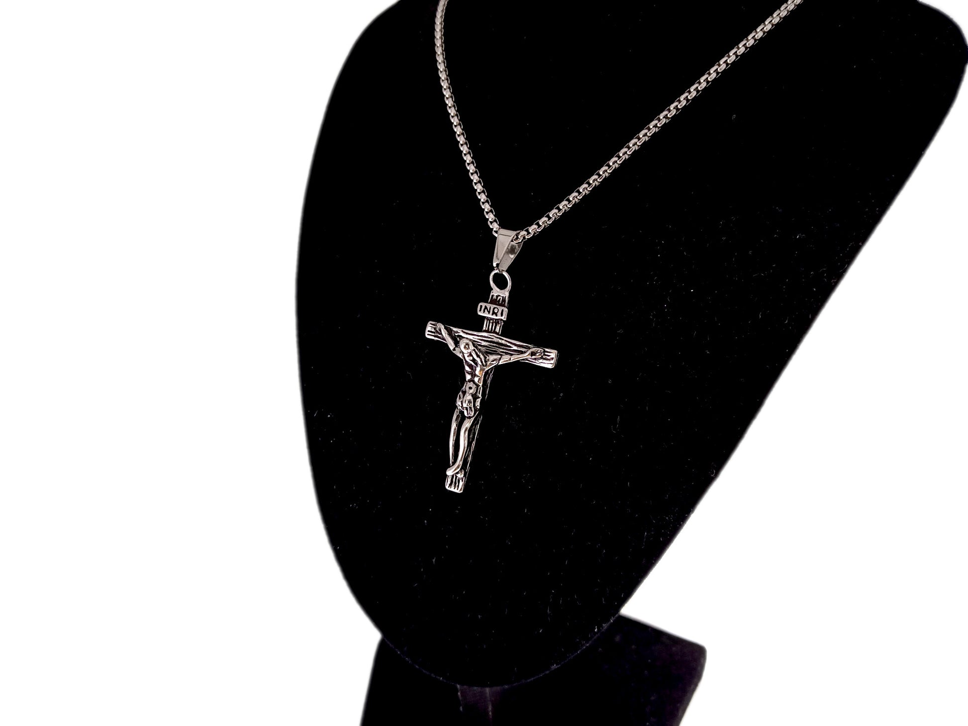 Unique rosary beads stainless steel crucifix with 19" stainless steel chain.