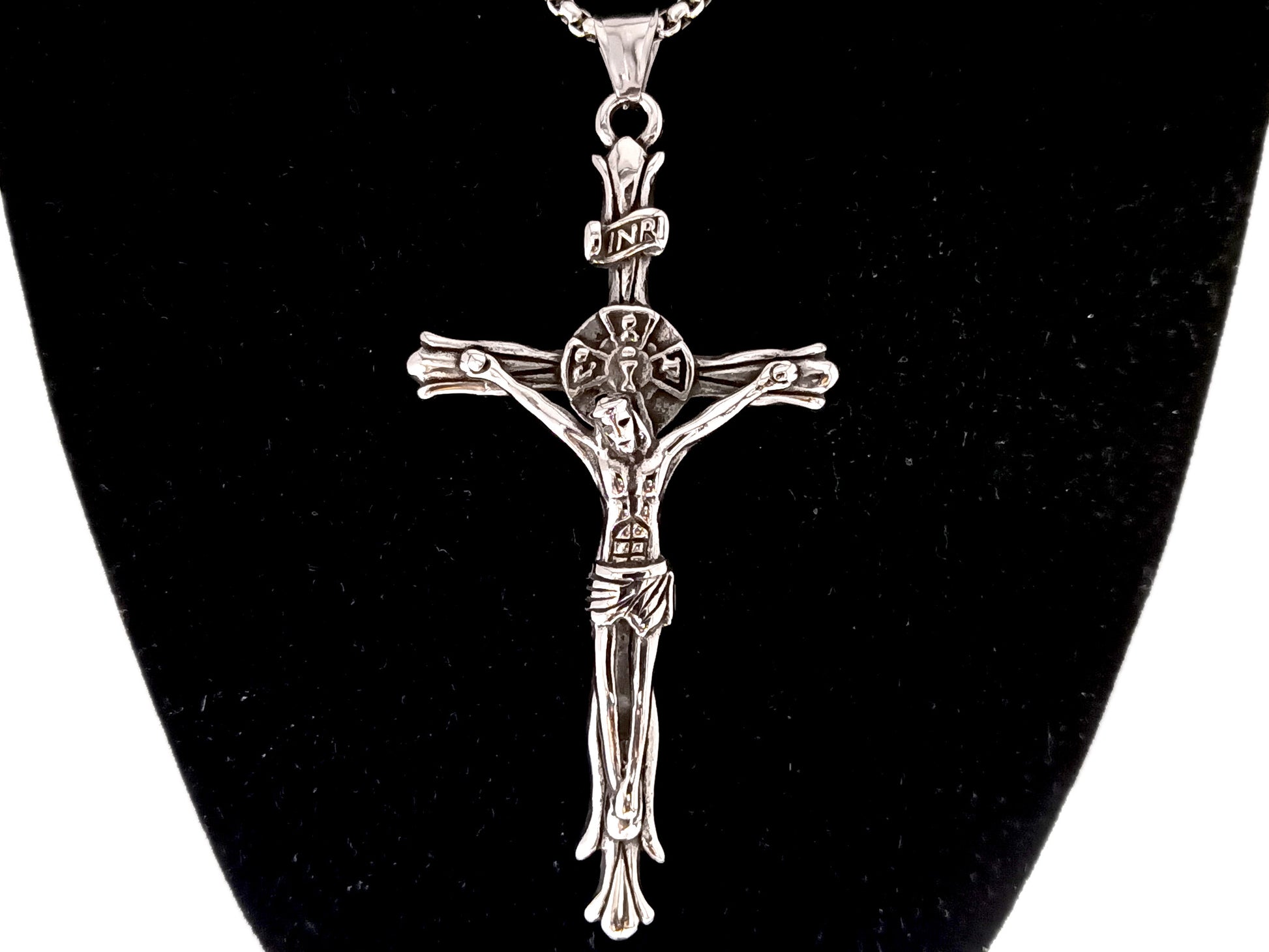 Unique rosary beads stainless steel crucifix with 22" stainless steel chain.