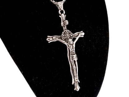 Unique rosary beads stainless steel crucifix with 22" stainless steel chain.