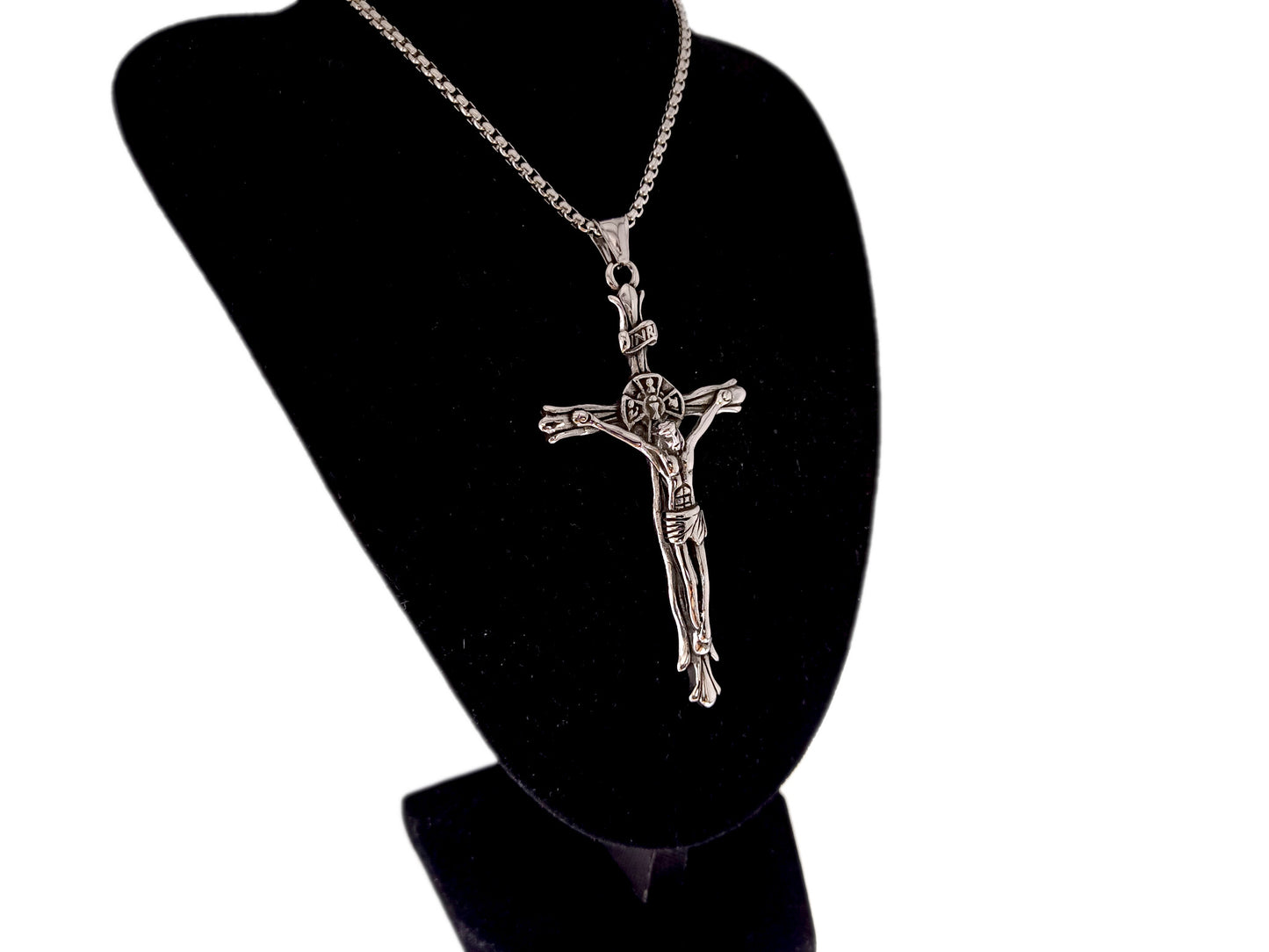 Unique rosary beads stainless steel crucifix with 22" stainless steel chain.