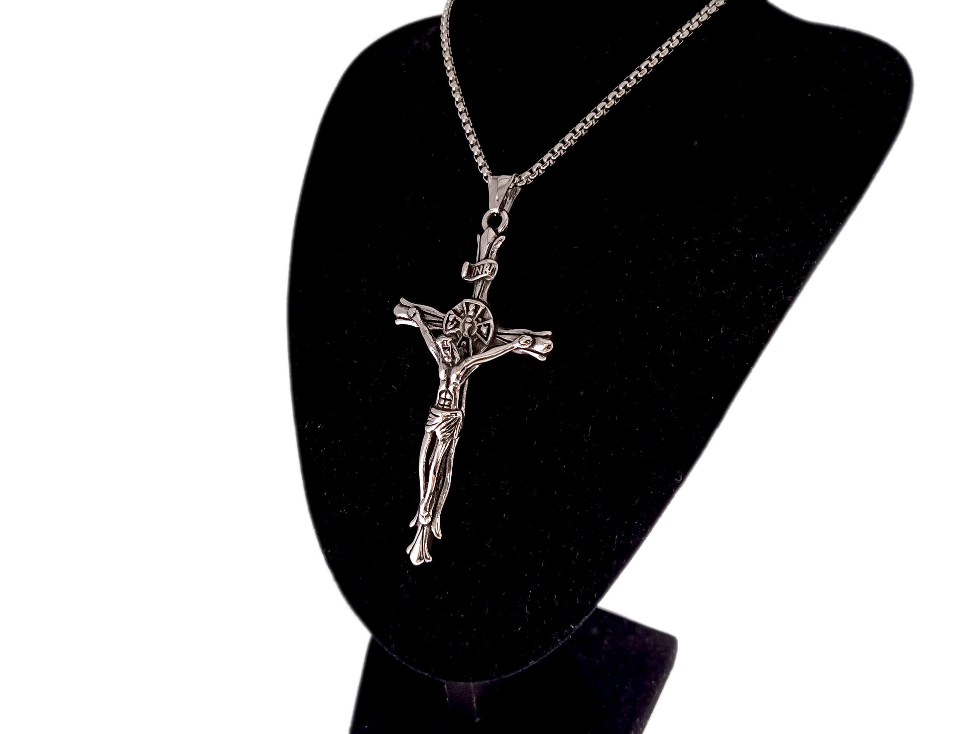 Unique rosary beads stainless steel crucifix with 22" stainless steel chain.