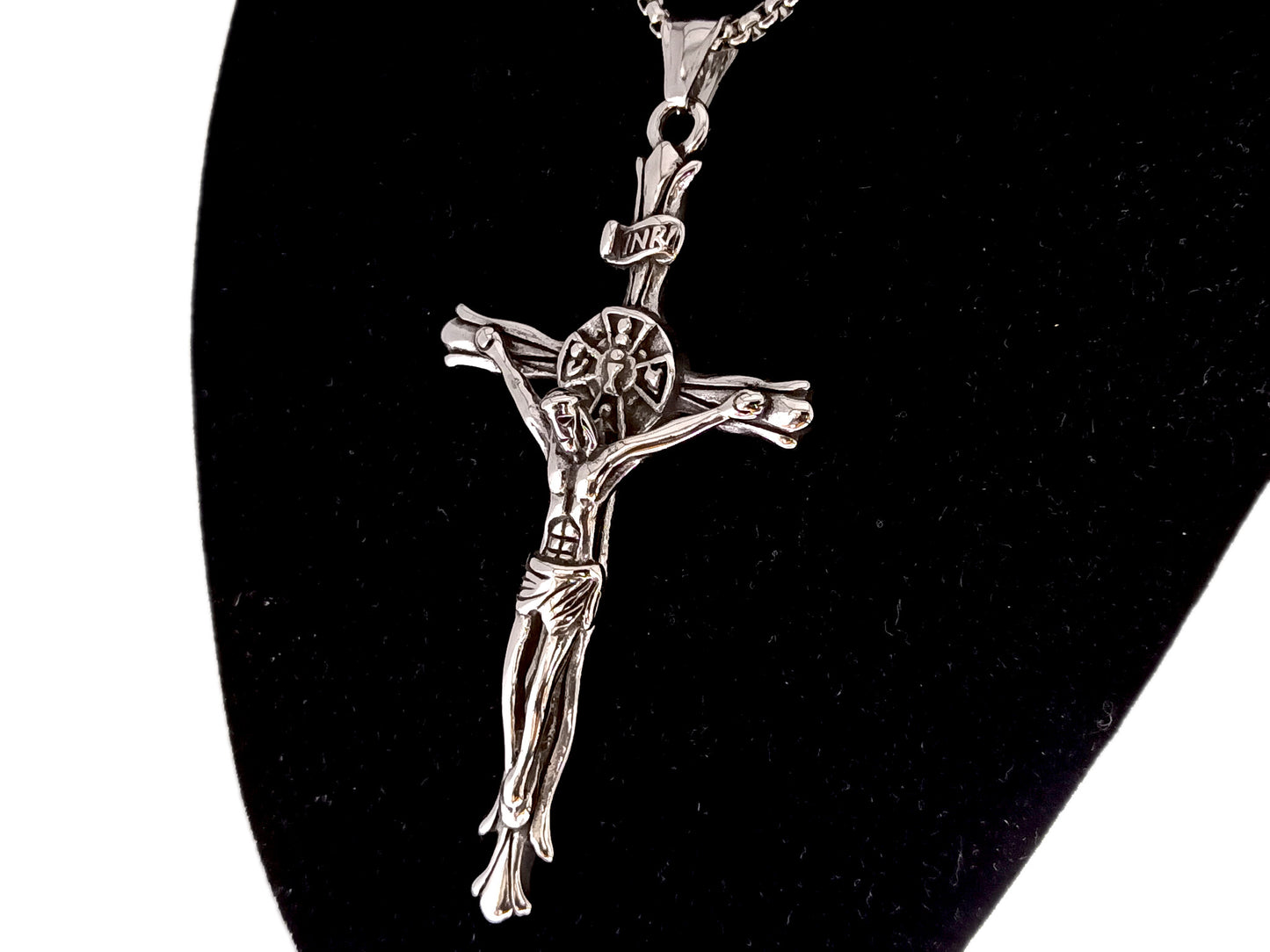 Unique rosary beads stainless steel crucifix with 22" stainless steel chain.