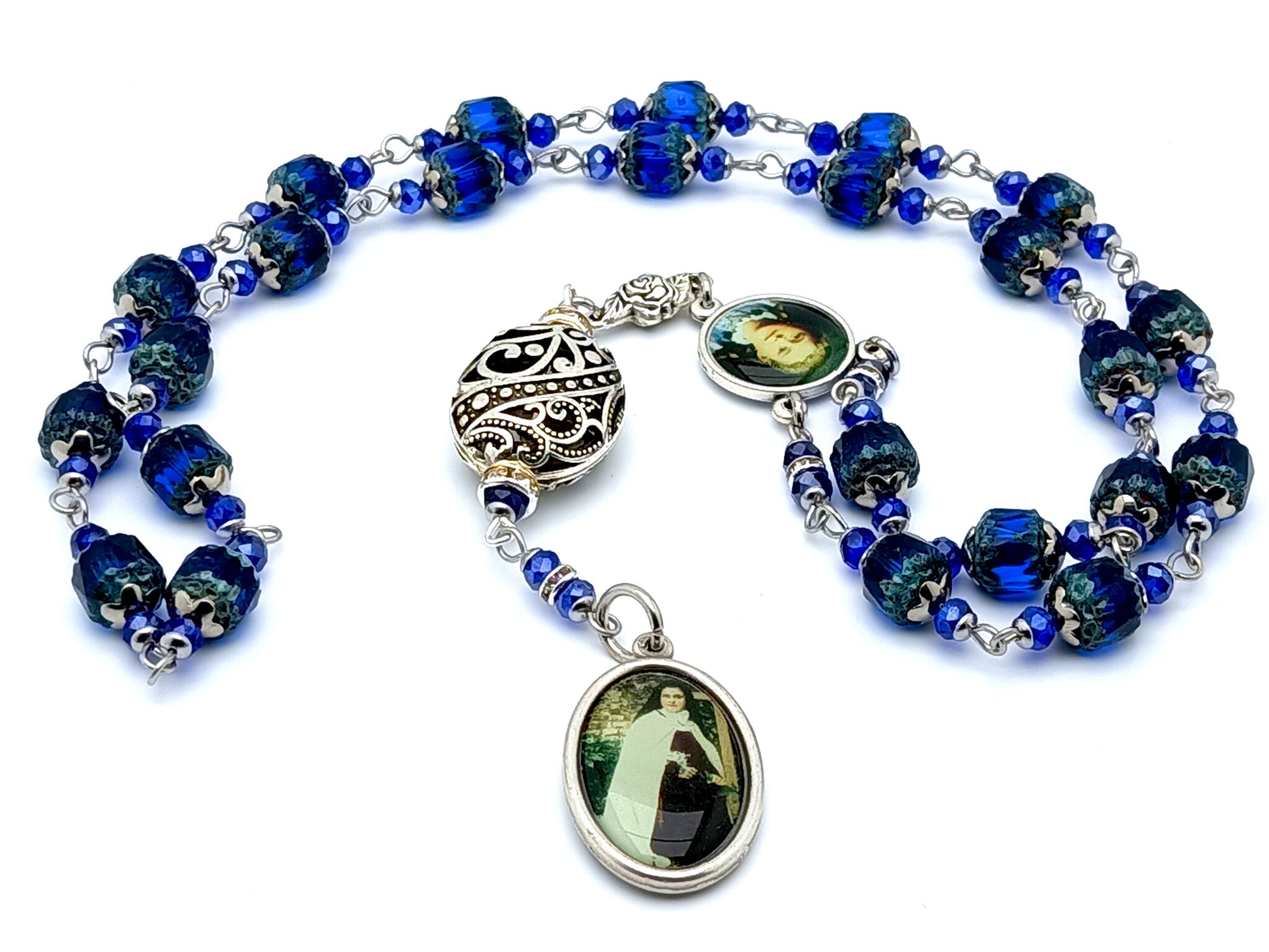 Saint Therese of Lisieux unique rosary beads prayer chaplet with Czech faceted pressed glass and Tibetan silver beads and picture medals.