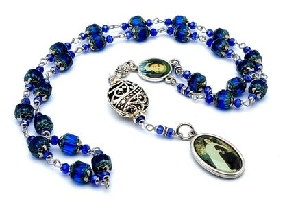 Saint Therese of Lisieux unique rosary beads prayer chaplet with Czech faceted pressed glass and Tibetan silver beads and picture medals.