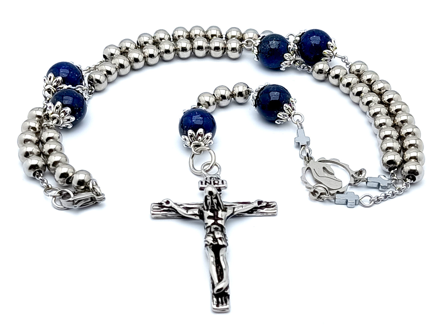 Virgin Mary unique rosary beads with lapis lazuli gemstone and stainless steel beads and stainless steel crucifix and clasp.