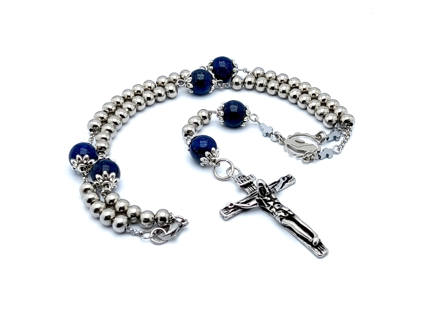Virgin Mary unique rosary beads with lapis lazuli gemstone and stainless steel beads and stainless steel crucifix and clasp.