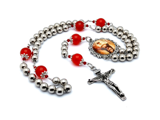 Sacred Heart unique rosary beads with stainless steel and ruby gemstone beads and stainless steel crucifix.