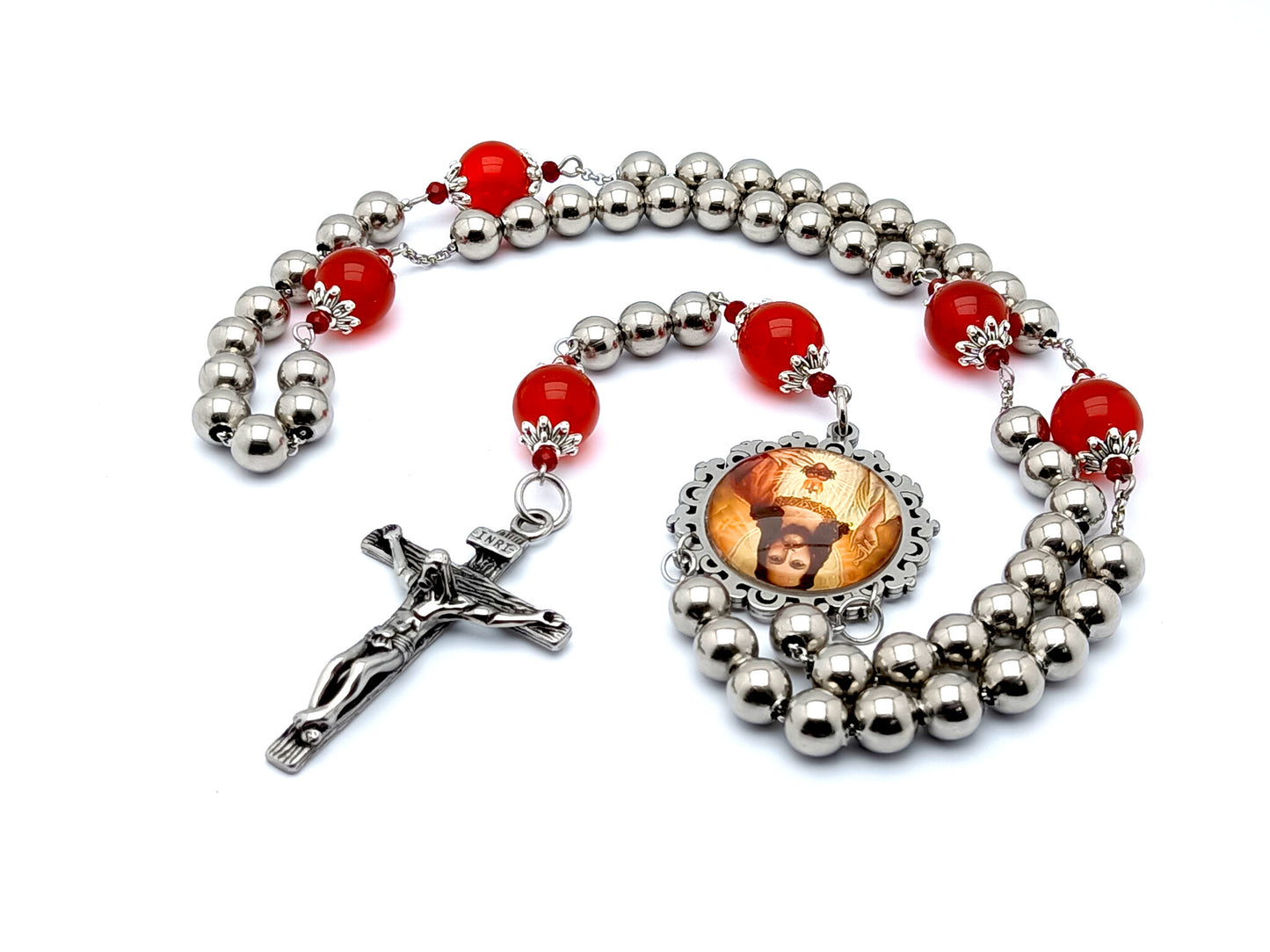 Sacred Heart unique rosary beads with stainless steel and ruby gemstone beads and stainless steel crucifix.
