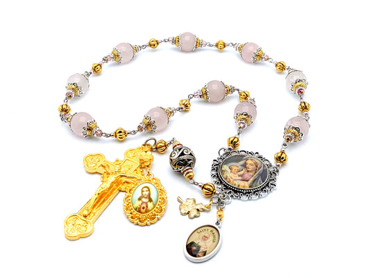 Virgin and Child unique rosary beads single decade rosary with rose quartz gemstone beads with Saint Brigid medal.